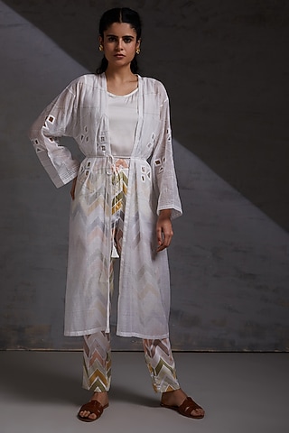 White Hand Embroidered Oversized Jacket Set by Shikha Malik