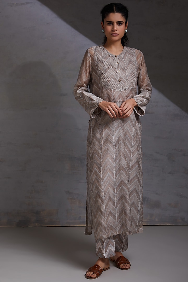 Grey Block Printed Kurta Set by Shikha Malik