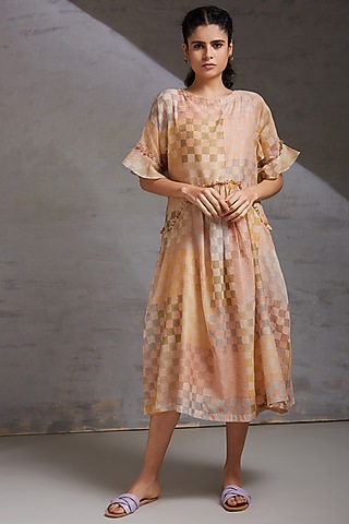 Peach Block Printed Dress by Shikha Malik