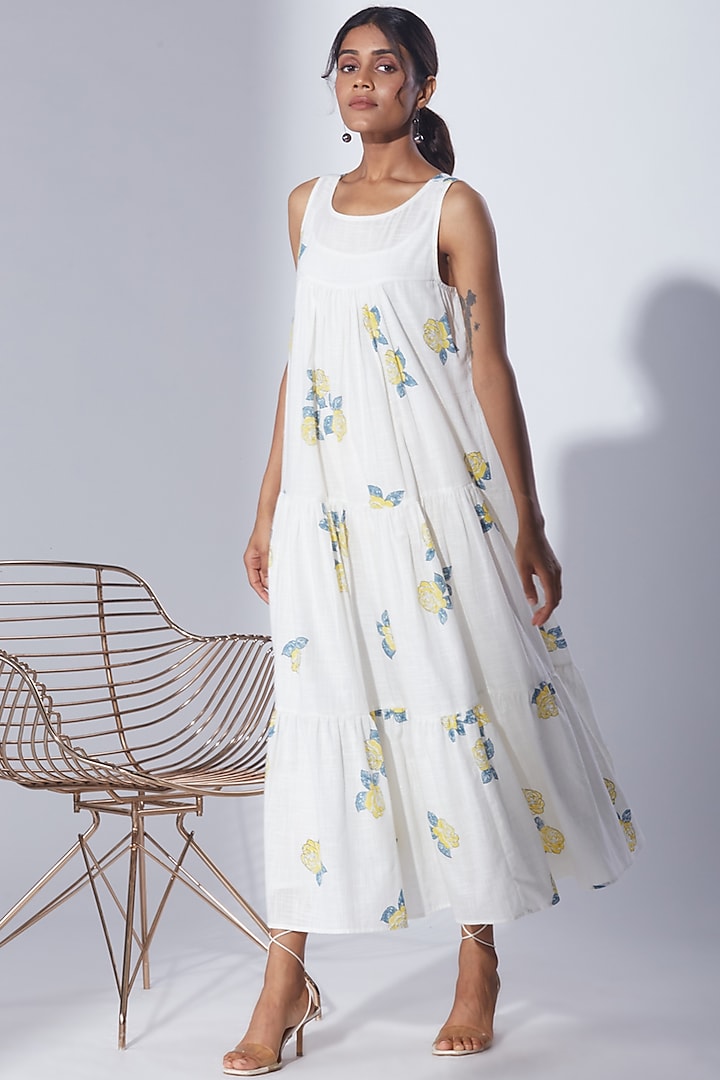 White Cotton Block Printed Midi Dress by Shikha Malik