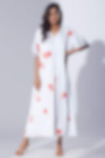 White Printed Box Pleated Midi Dress by Shikha Malik