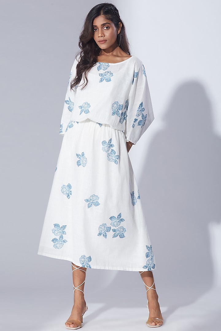 White Block Printed Midi Dress by Shikha Malik