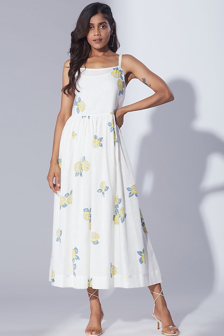 White Cotton Gathered Midi Summer Dress by Shikha Malik at Pernia's Pop Up Shop