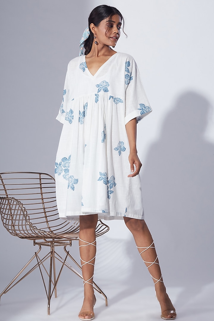 White Cotton Block Printed Shirt Dress by Shikha Malik