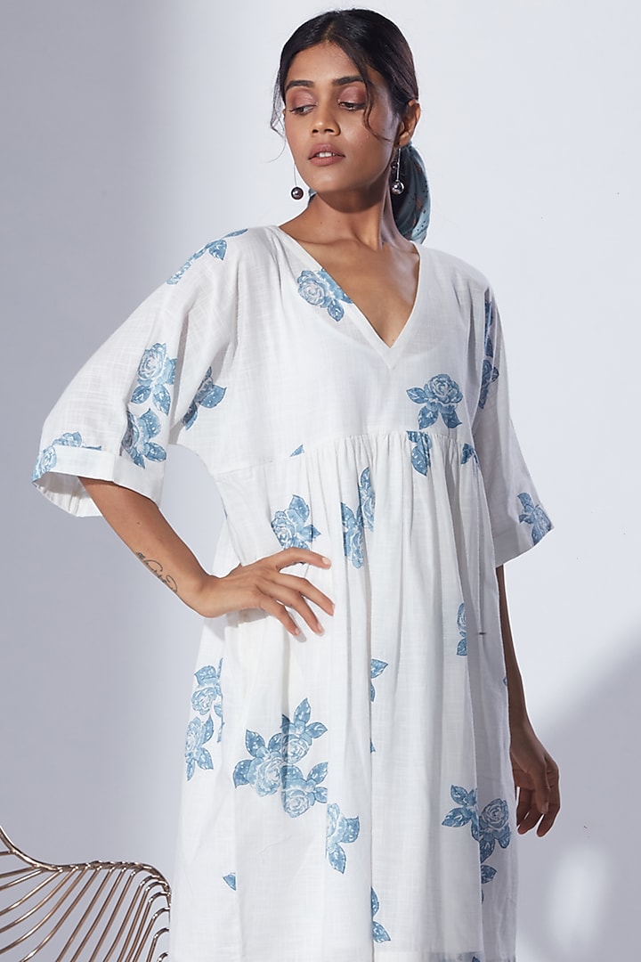 White Cotton Block Printed Shirt Summer Dress by Shikha Malik at Pernia's Pop Up Shop