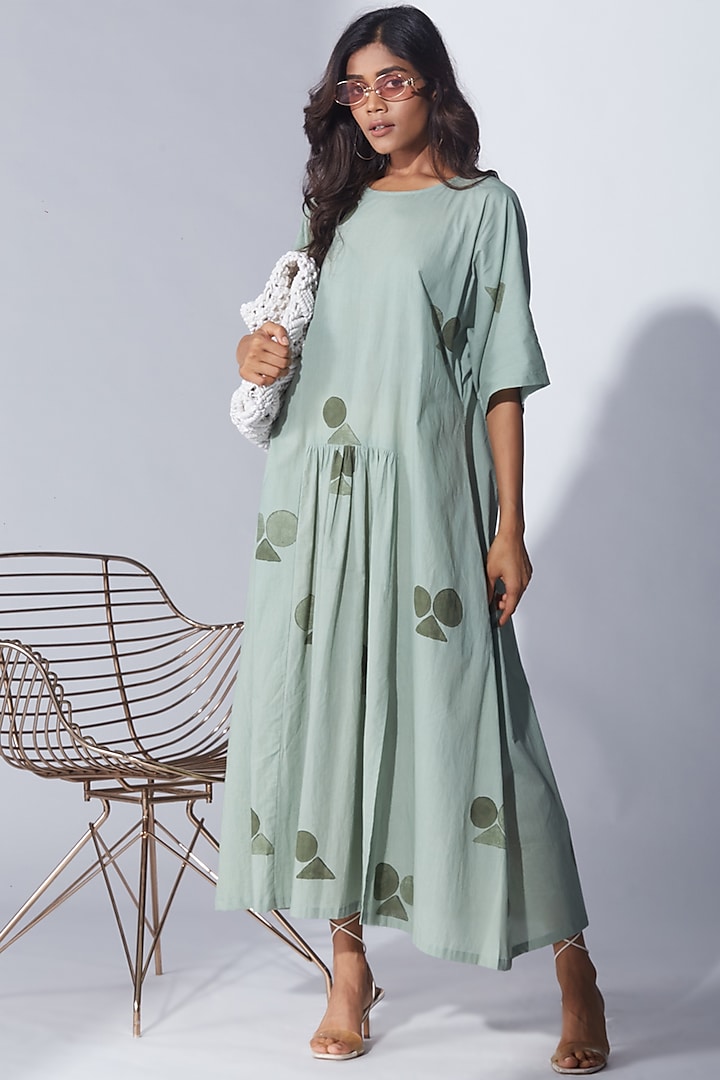 Pale Green Cotton Printed Midi Dress by Shikha Malik