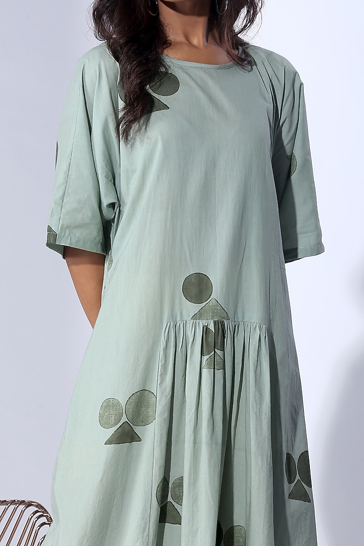 Pale Green Cotton Printed Midi Summer Dress by Shikha Malik at Pernia's Pop Up Shop