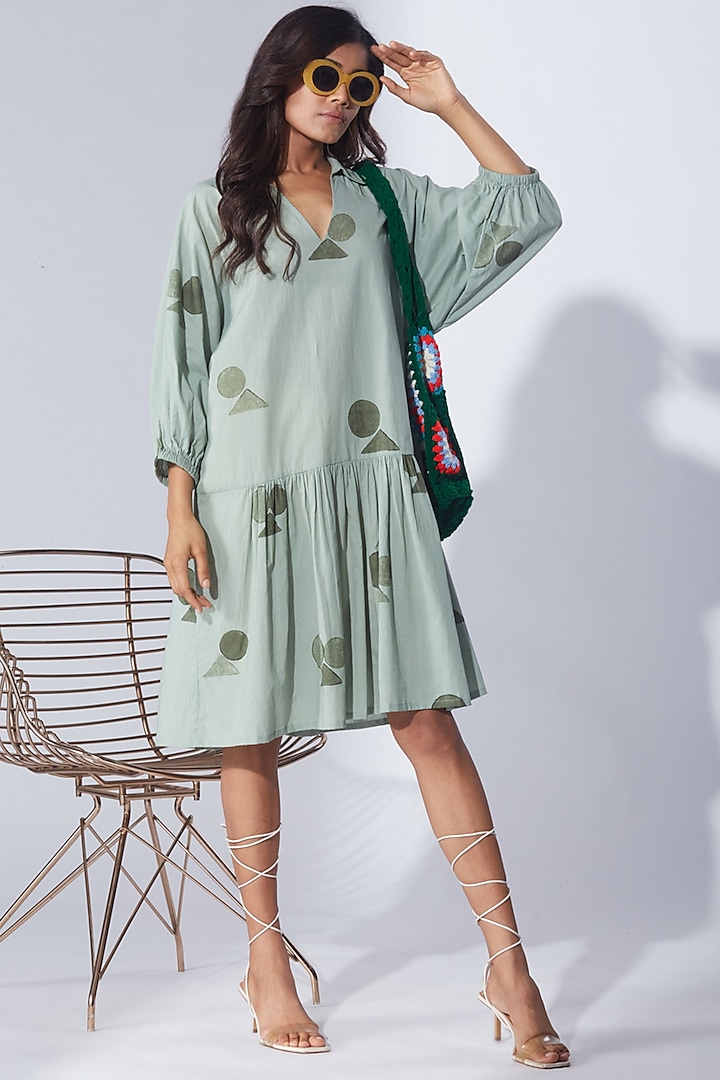 Pale Green Cotton Printed Shirt Dress by Shikha Malik
