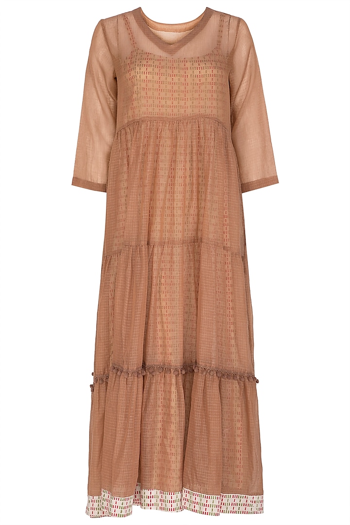 Brown Maxi Dress With Block Printed Slip by Shikha Malik