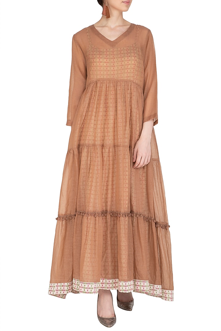 Brown Maxi Summer Dress With Block Printed Slip by Shikha Malik at Pernia's Pop Up Shop