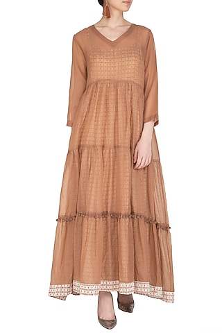 Brown Maxi Dress With Block Printed Slip by Shikha Malik