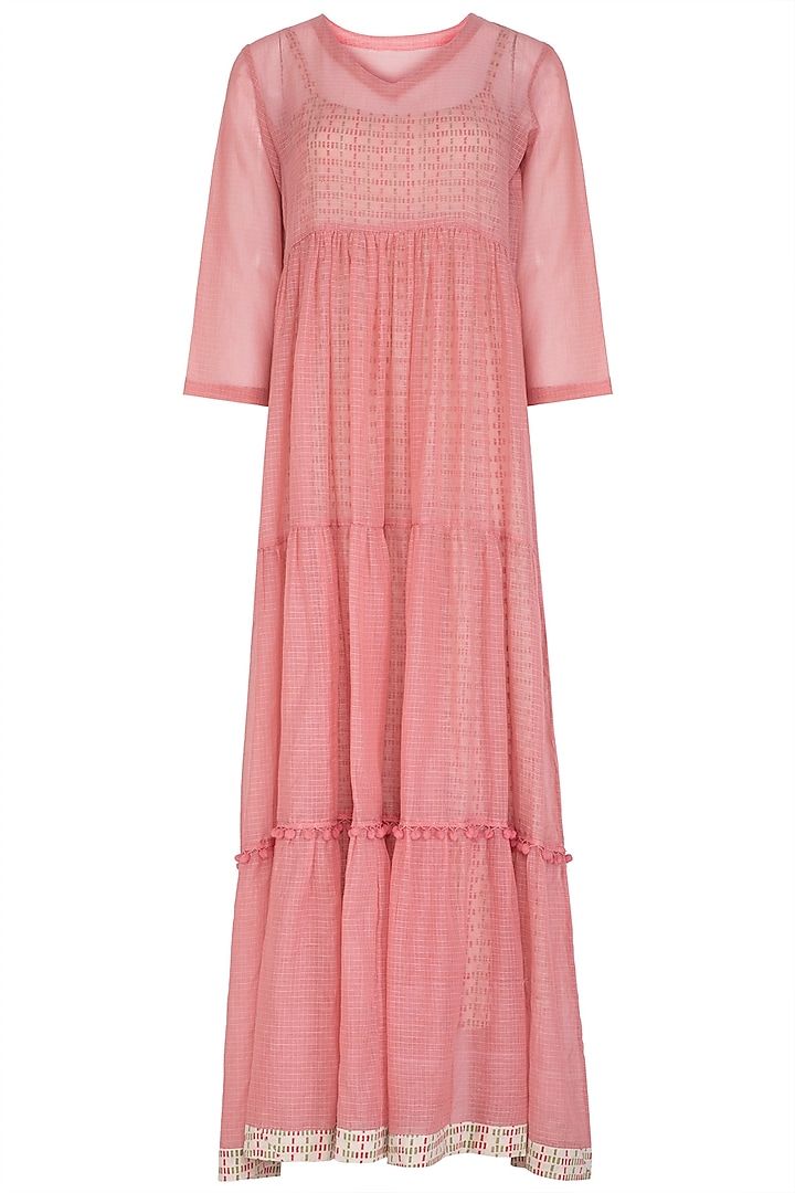 Pastel Pink Maxi Dress With Block Printed Slip by Shikha Malik