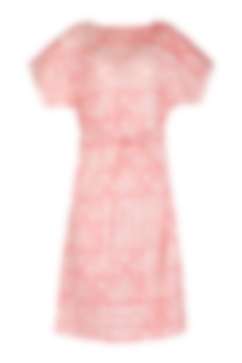 Pastel Pink Block Printed Dress With Belt by Shikha Malik