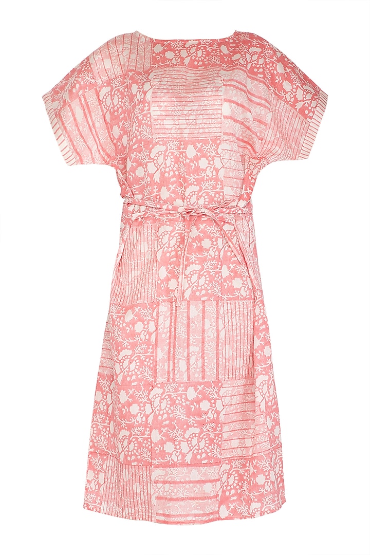 Pastel Pink Block Printed Dress With Belt by Shikha Malik