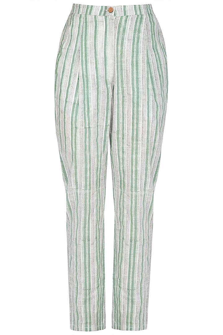 Pastel Green Block Printed Pants by Shikha Malik
