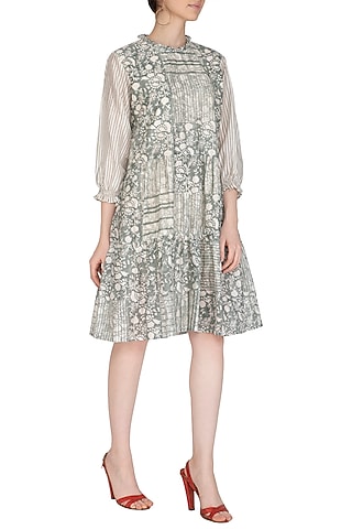 Grey Block Printed Tiered Dress by Shikha Malik