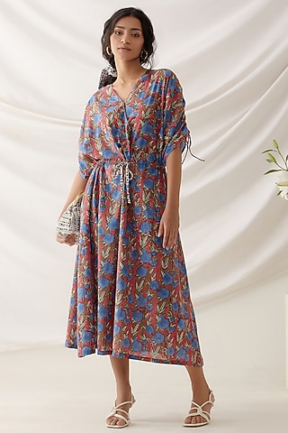 Red Cotton Floral Printed Midi Dress by Shikha Malik