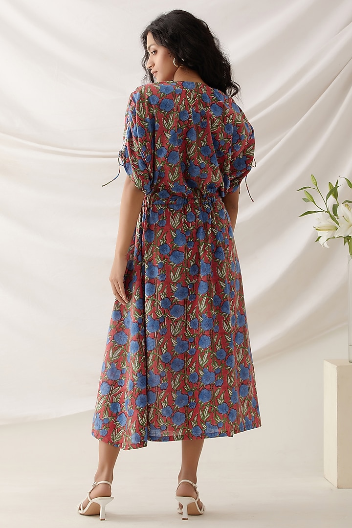 Red Cotton Floral Printed Midi Summer Dress by Shikha Malik at Pernia's Pop Up Shop