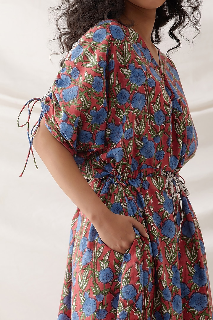 Red Cotton Floral Printed Midi Summer Dress by Shikha Malik at Pernia's Pop Up Shop