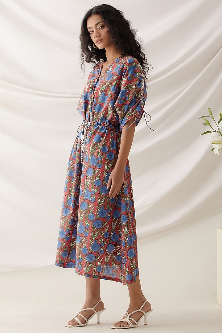 Red Cotton Floral Printed Midi Summer Dress by Shikha Malik at Pernia's Pop Up Shop