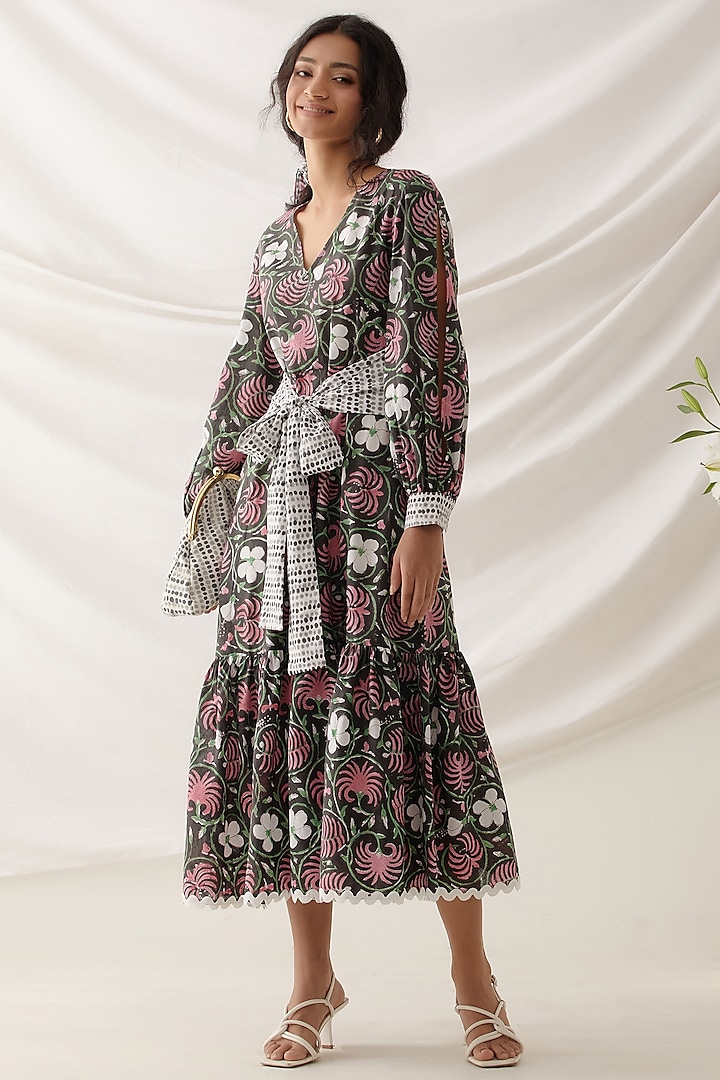 Black Cotton Floral Printed Midi Dress With Belt by Shikha Malik at Pernia's Pop Up Shop