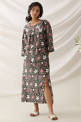 Black Cotton Floral Printed Midi Dress by Shikha Malik