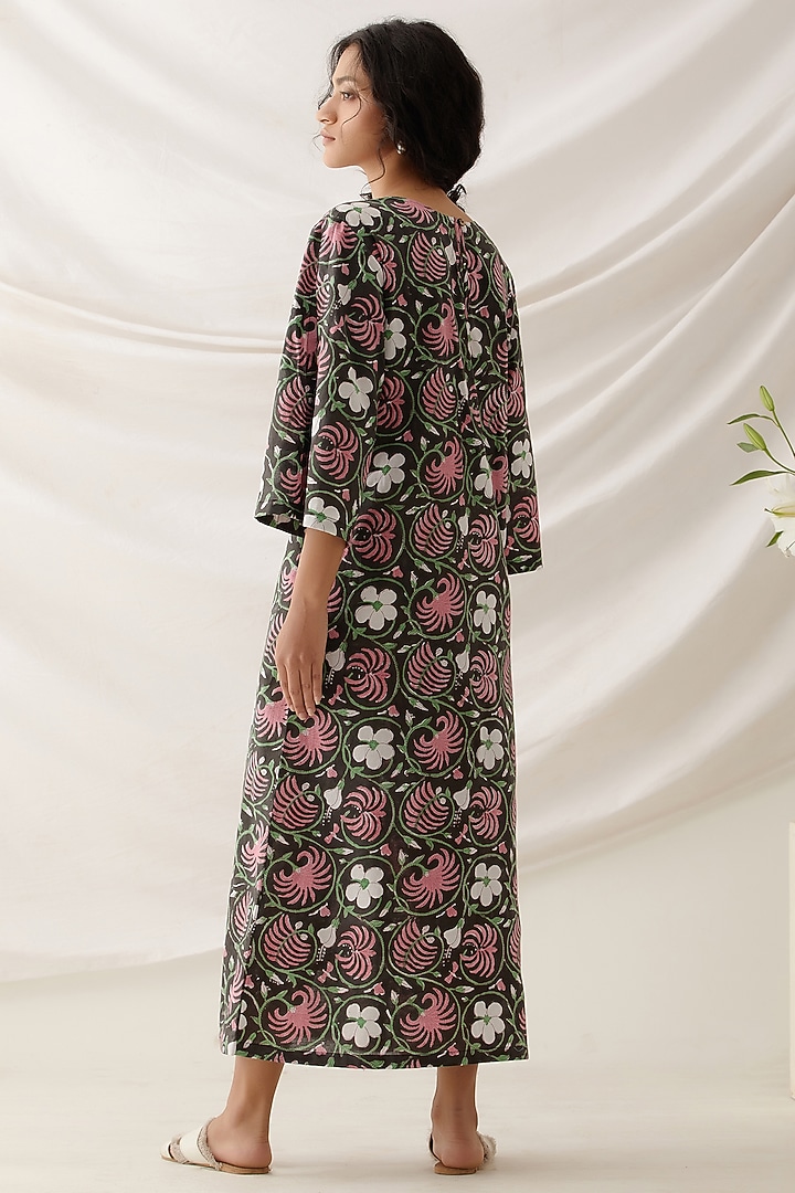 Black Cotton Floral Printed Midi Summer Dress by Shikha Malik at Pernia's Pop Up Shop