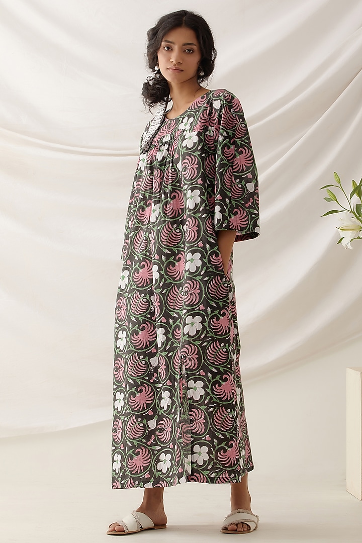 Black Cotton Floral Printed Midi Summer Dress by Shikha Malik at Pernia's Pop Up Shop