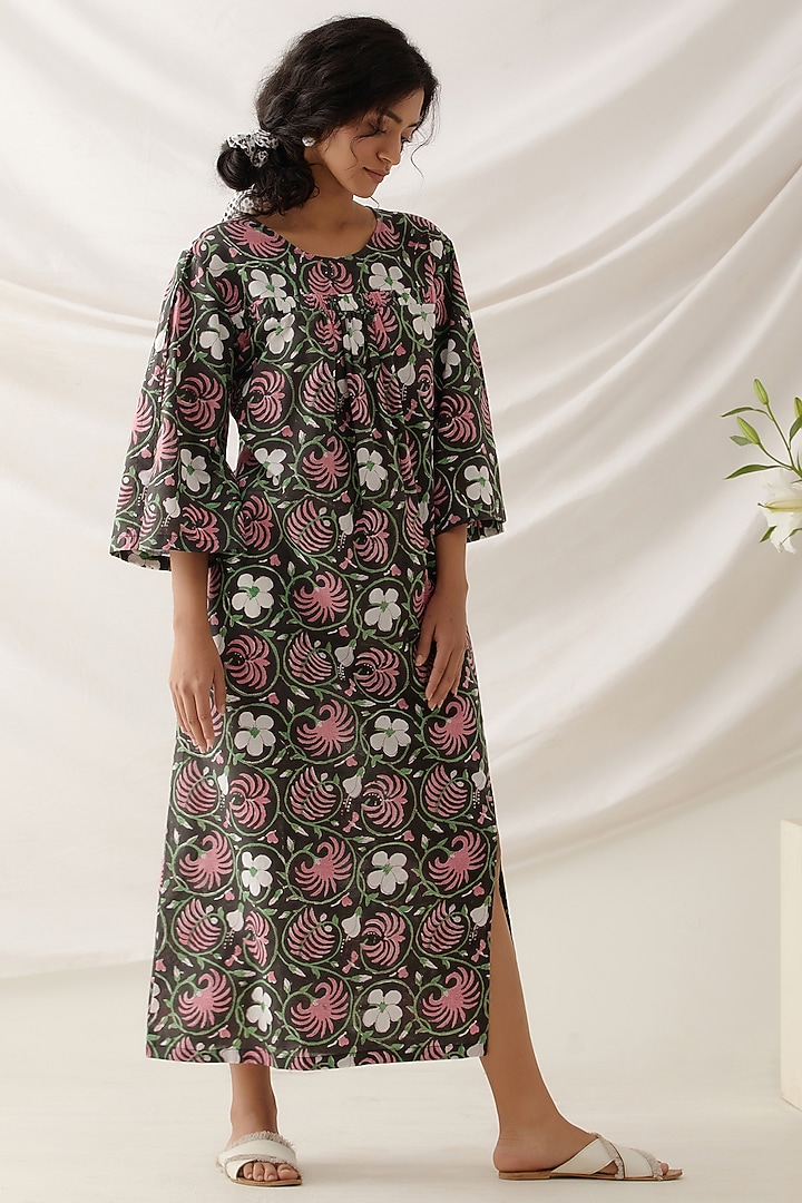 Black Cotton Floral Printed Midi Summer Dress by Shikha Malik at Pernia's Pop Up Shop