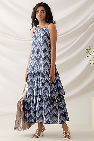 Blue Cotton Block Printed Midi Dress by Shikha Malik