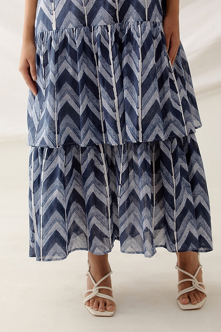 Blue Cotton Block Printed Midi Summer Dress by Shikha Malik at Pernia's Pop Up Shop