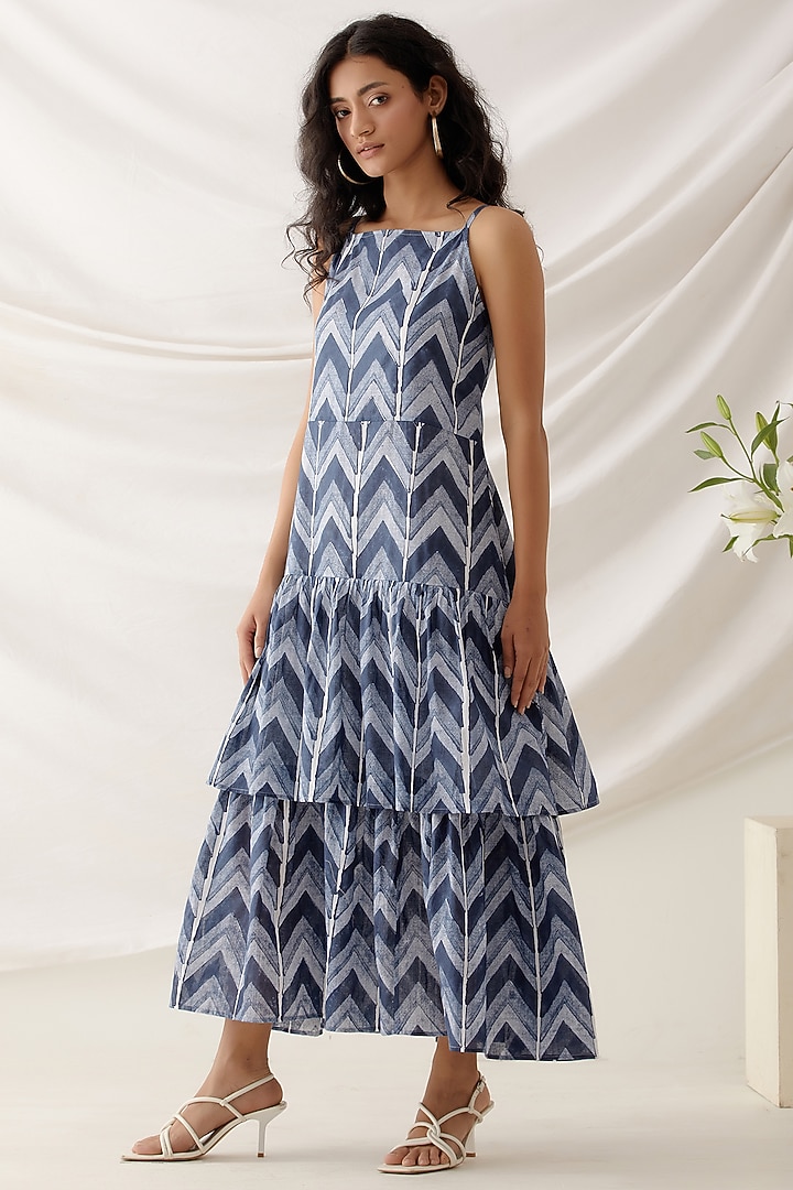 Blue Cotton Block Printed Midi Summer Dress by Shikha Malik at Pernia's Pop Up Shop