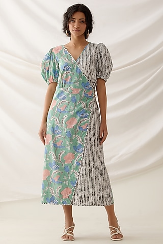 Green Cotton Block Printed Wrap Dress by Shikha Malik
