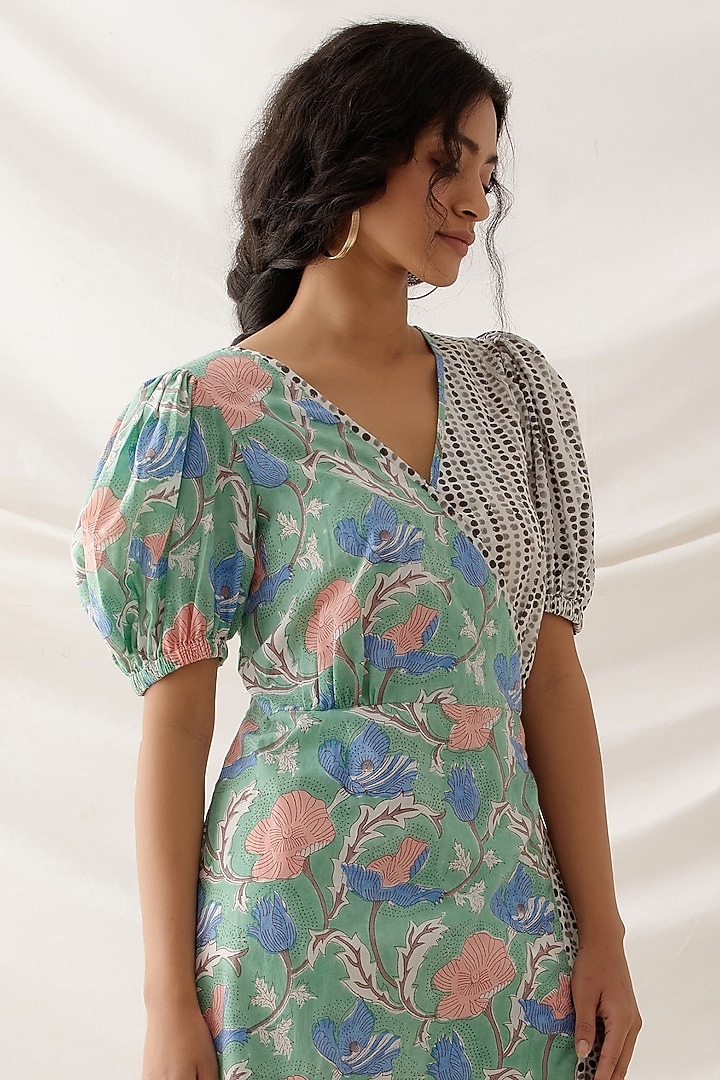 Green Cotton Block Printed Wrap Summer Dress by Shikha Malik at Pernia's Pop Up Shop