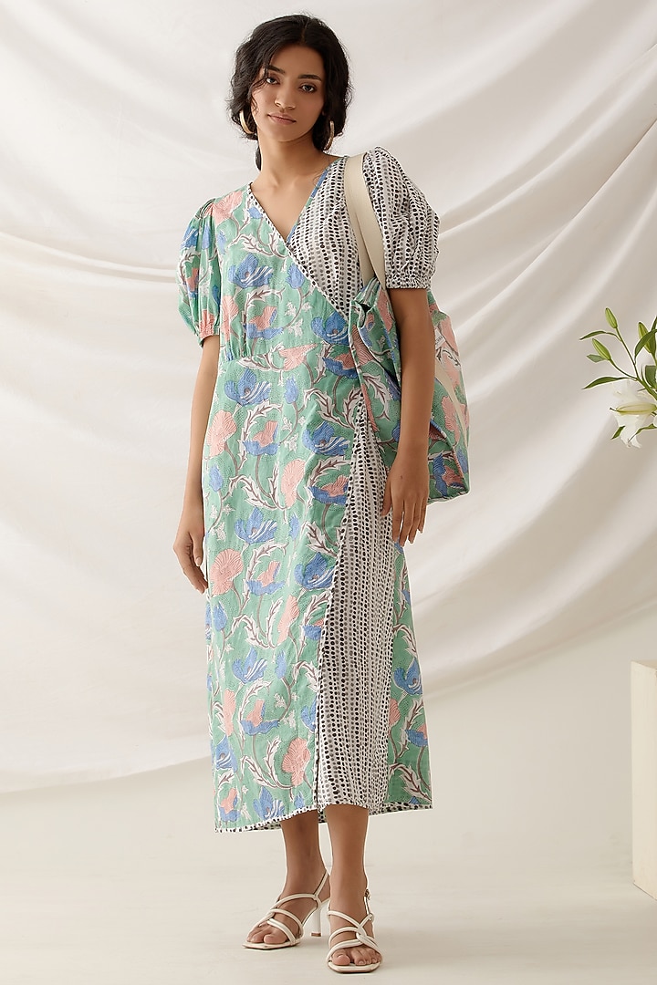 Green Cotton Block Printed Wrap Summer Dress by Shikha Malik at Pernia's Pop Up Shop