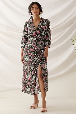 Black Cotton Printed Gathered Skirt Set by Shikha Malik