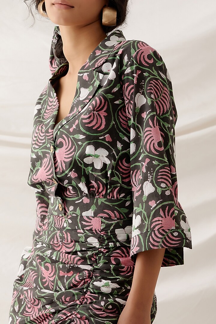 Black Cotton Printed Gathered Skirt Set by Shikha Malik at Pernia's Pop Up Shop