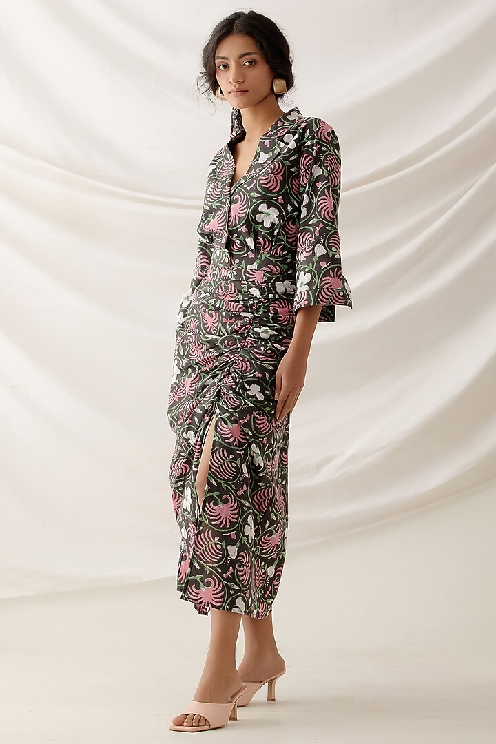 Black Cotton Printed Gathered Skirt Set by Shikha Malik at Pernia's Pop Up Shop