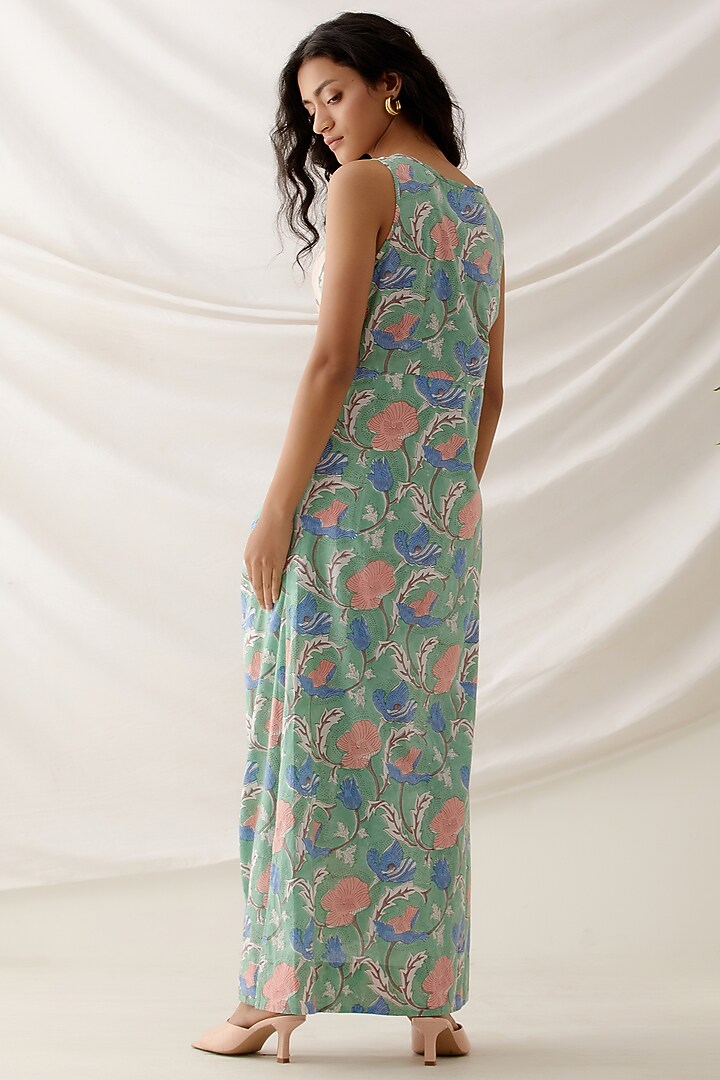 Green Cotton Block Printed Asymmetrical Summer Dress by Shikha Malik at Pernia's Pop Up Shop