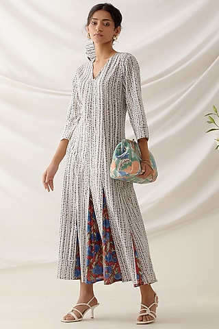 White Cotton Block Printed Midi Dress by Shikha Malik