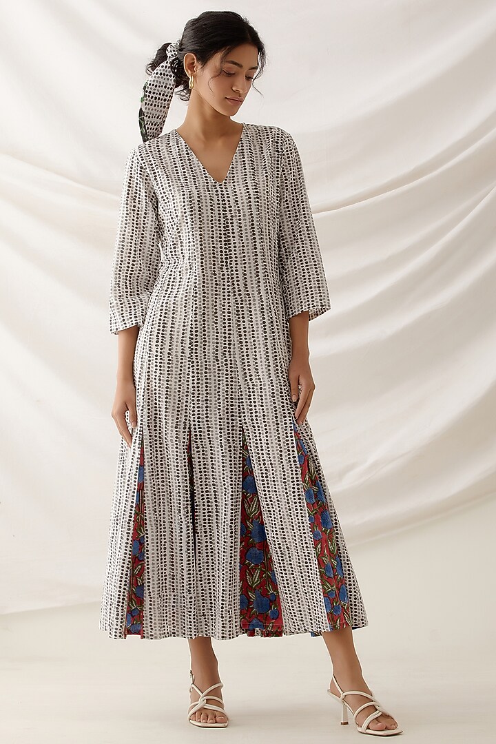 White Cotton Block Printed Midi Summer Dress by Shikha Malik at Pernia's Pop Up Shop