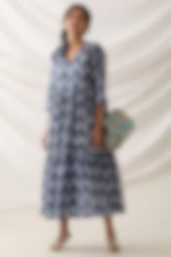 Blue Cotton Block Printed Tiered Dress by Shikha Malik