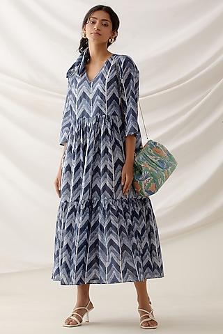 Blue Cotton Block Printed Tiered Dress by Shikha Malik