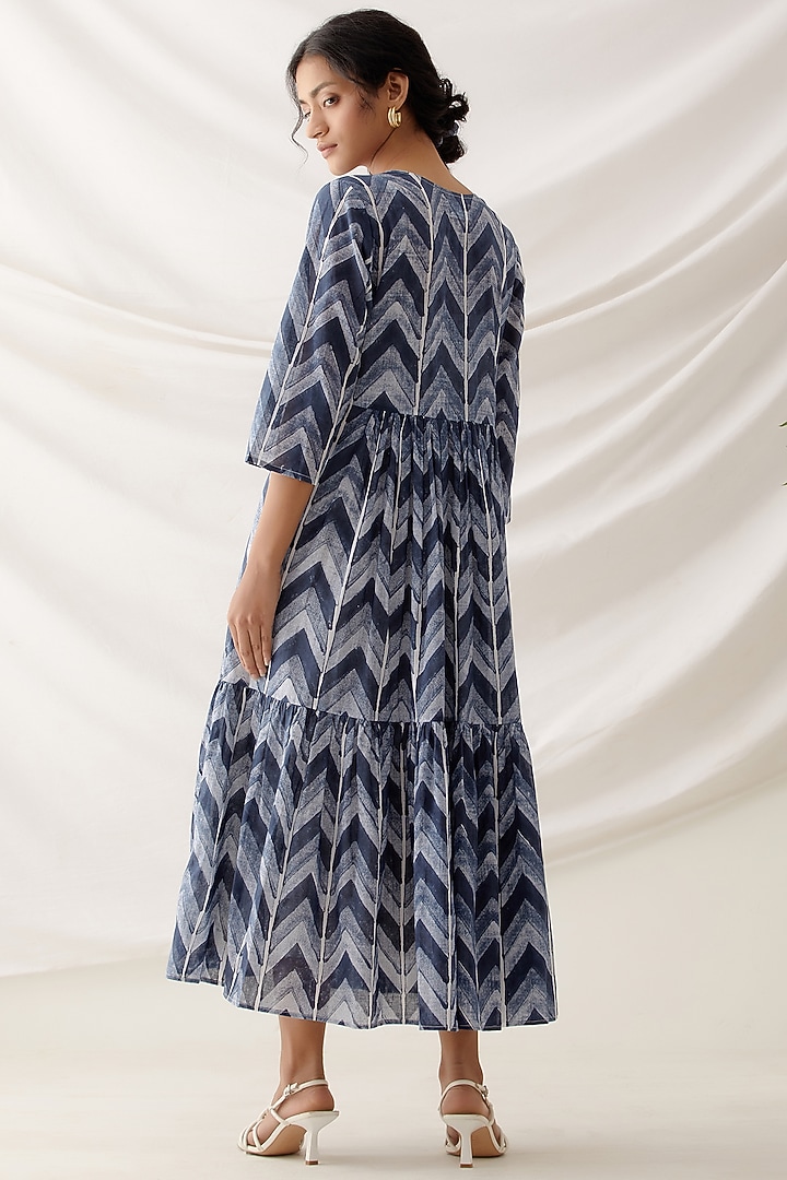 Blue Cotton Block Printed Tiered Summer Dress by Shikha Malik at Pernia's Pop Up Shop