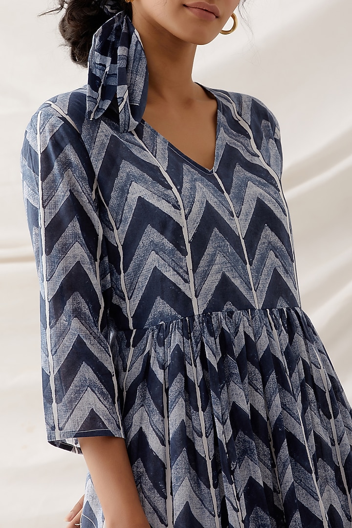 Blue Cotton Block Printed Tiered Summer Dress by Shikha Malik at Pernia's Pop Up Shop