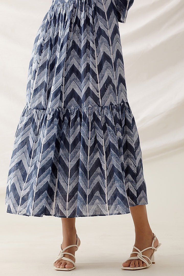 Blue Cotton Block Printed Tiered Summer Dress by Shikha Malik at Pernia's Pop Up Shop