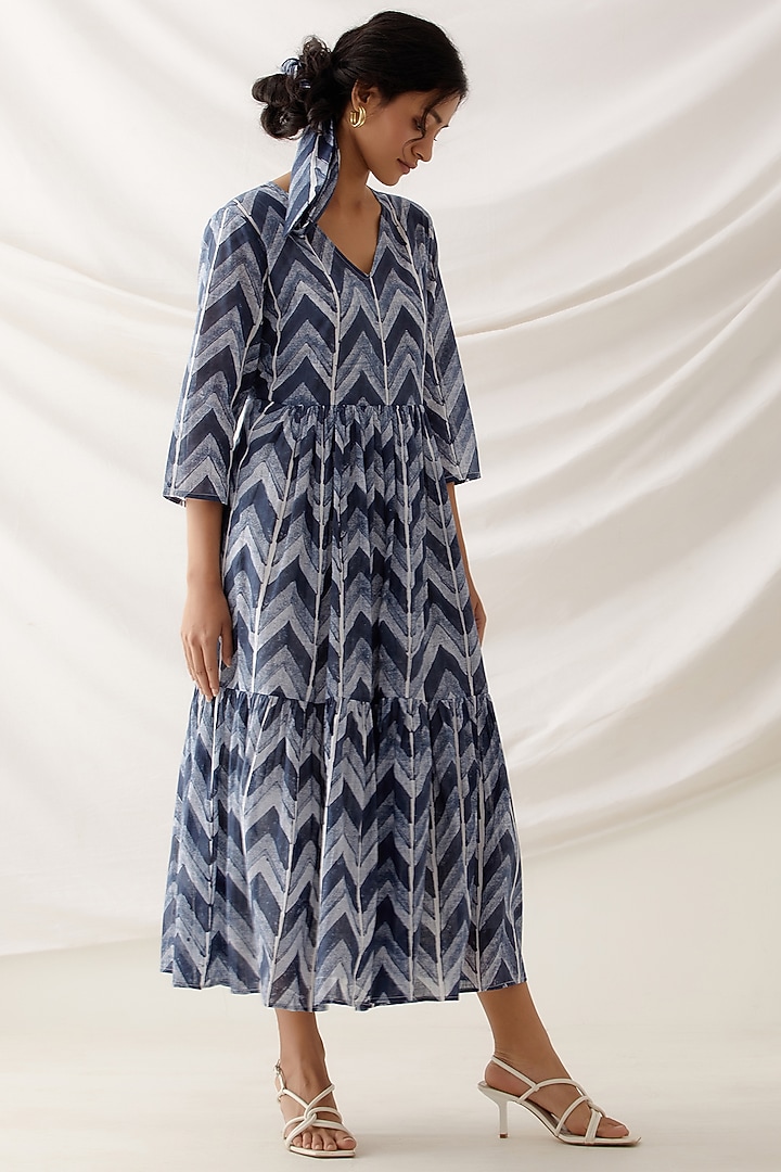 Blue Cotton Block Printed Tiered Summer Dress by Shikha Malik at Pernia's Pop Up Shop