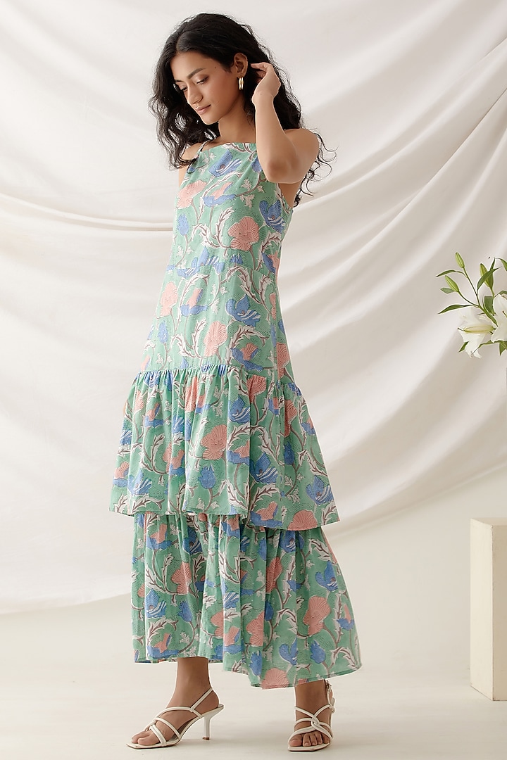 Green Cotton Block Printed Midi Dress by Shikha Malik