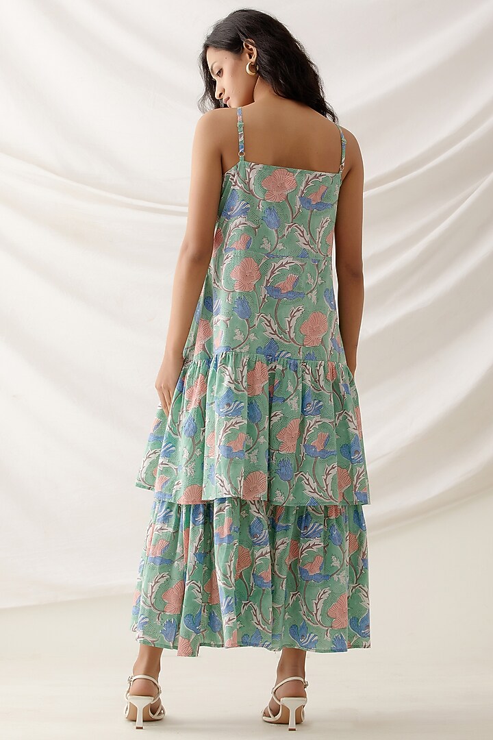 Green Cotton Block Printed Midi Summer Dress by Shikha Malik at Pernia's Pop Up Shop