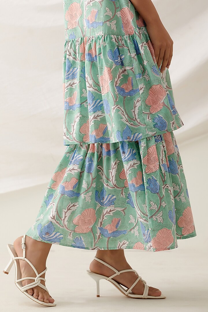 Green Cotton Block Printed Midi Summer Dress by Shikha Malik at Pernia's Pop Up Shop